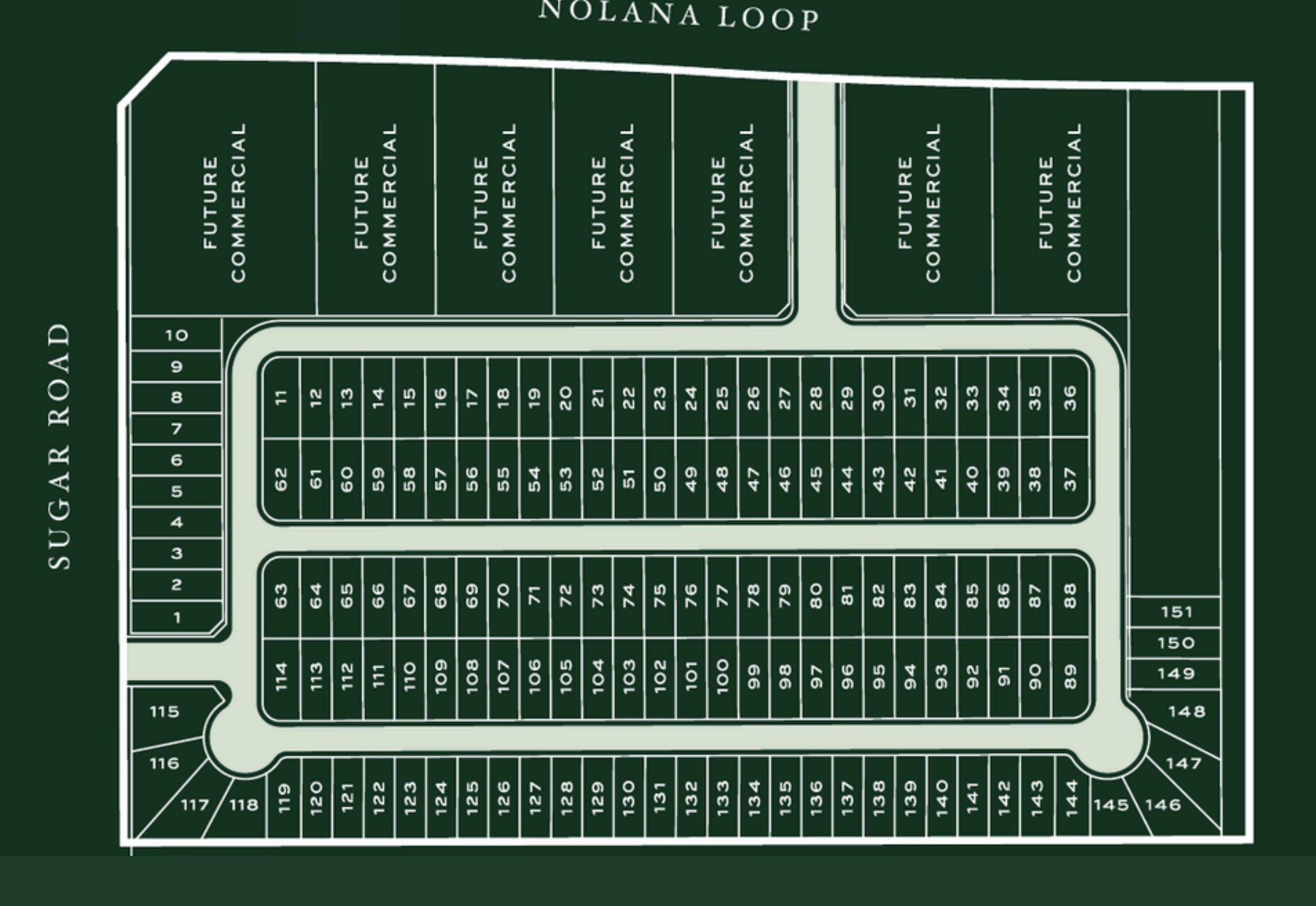 Nolana Gardens site plat showing 151 homesites and future commercial lots along Nolana Loop and Sugar Road