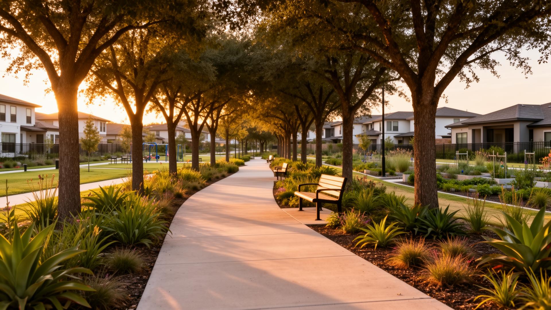 Tree-lined community walkway at golden hour