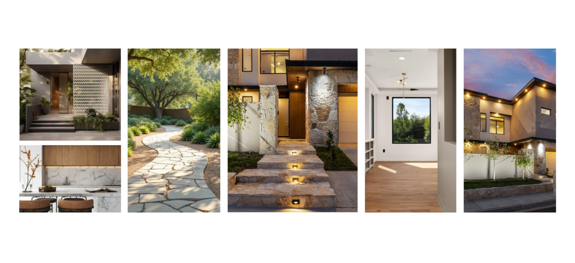 Nolana Gardens design references — entry, landscaping, stone façades, interior light, and elevation at dusk